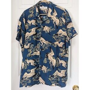 Maison Article Hawaiian S/S Shirt Mens XL Blue Japanese Crane Rayon Tattoo Aloha